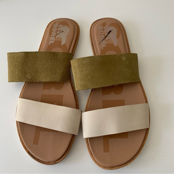 Sorel Ella II Slide Sandal in‎ Olive Shade/Chalk Sz 7 - Picture 2 of 7